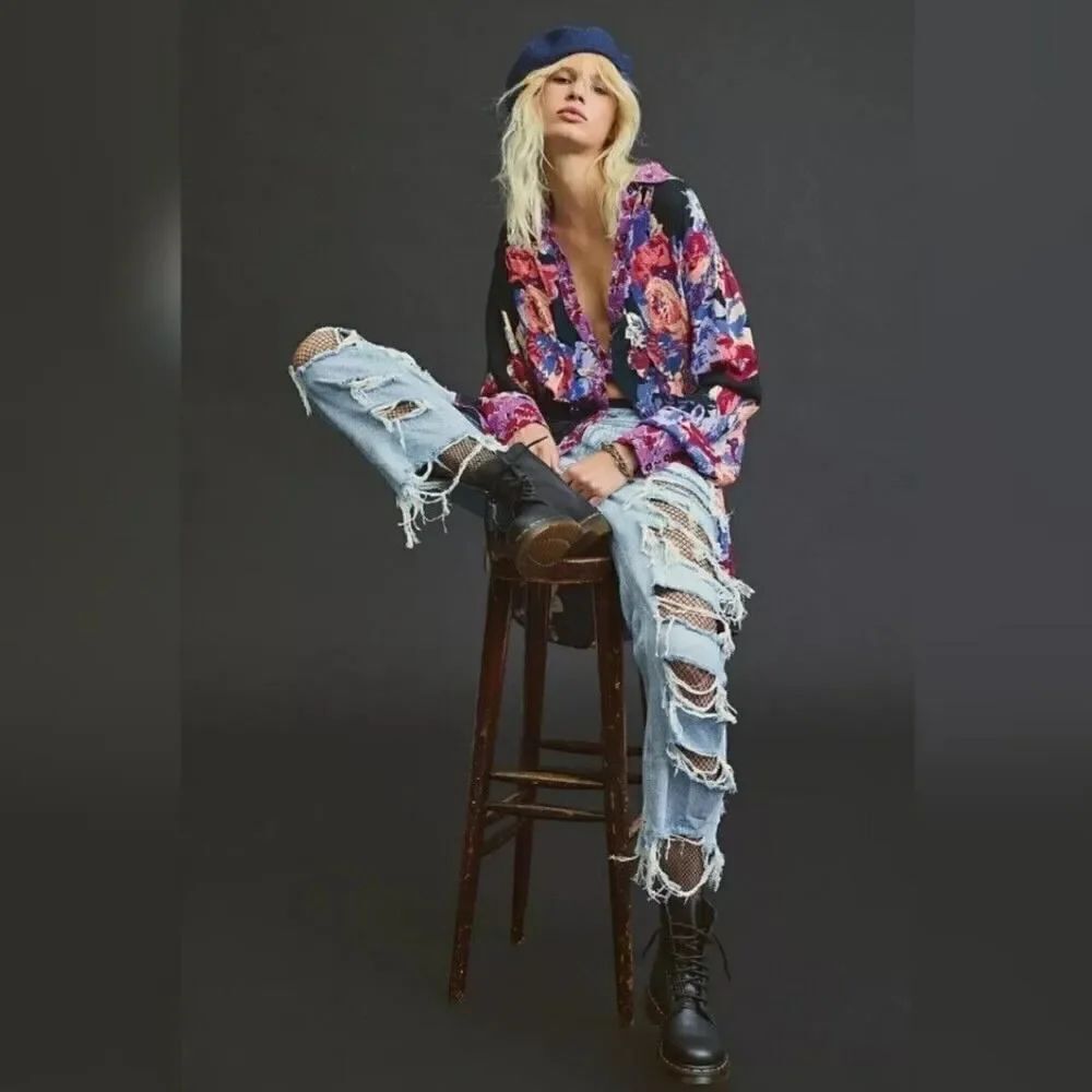 Free People Brunch A Bunch Longsleeve Tunic Top Black Floral Motif Size Small